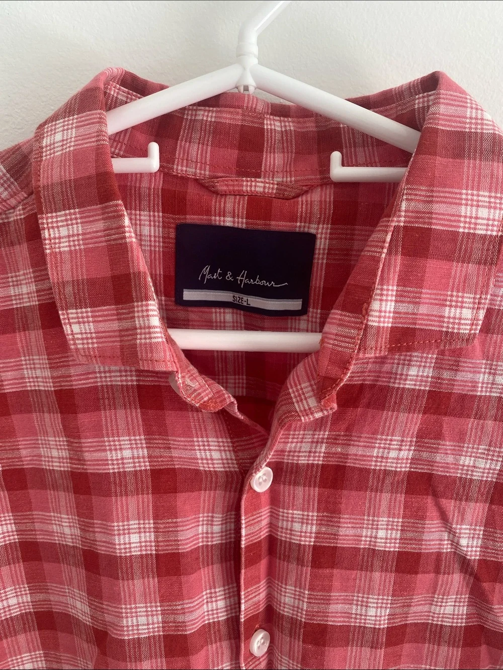 Mast & Harbour Linen Blend Pink White Plaid Madras L/S Button Up Shirt Sz LARGE